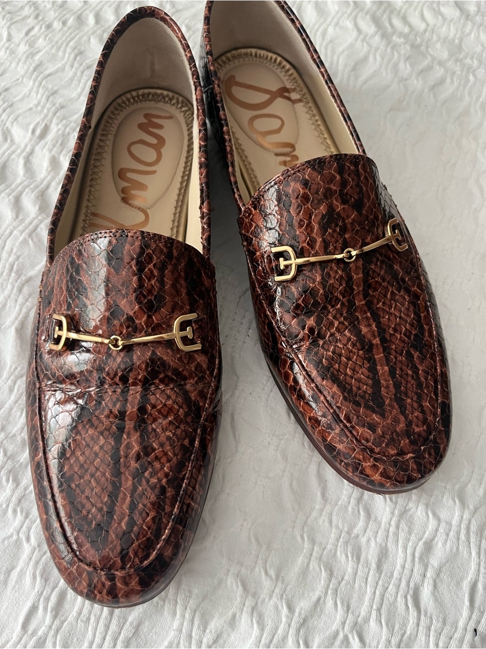 Sam Edelman Brown leather Snake-Print Loafers with Gold  Hardware 9 - Picture 2 of 4